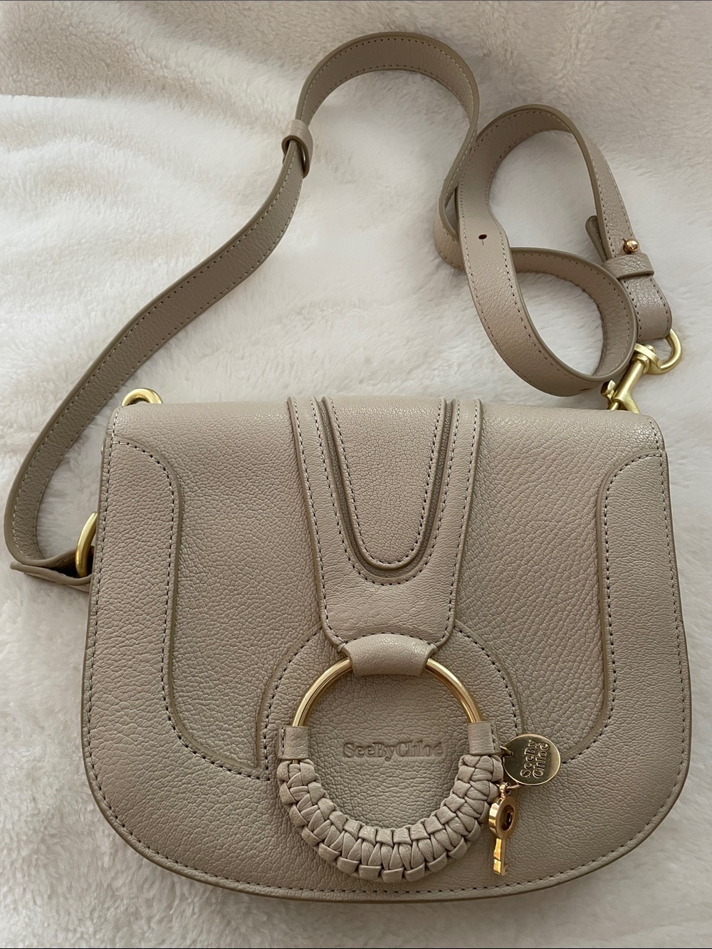 See By Chloe Cement Beige Leather Crossbody with Braided Ring